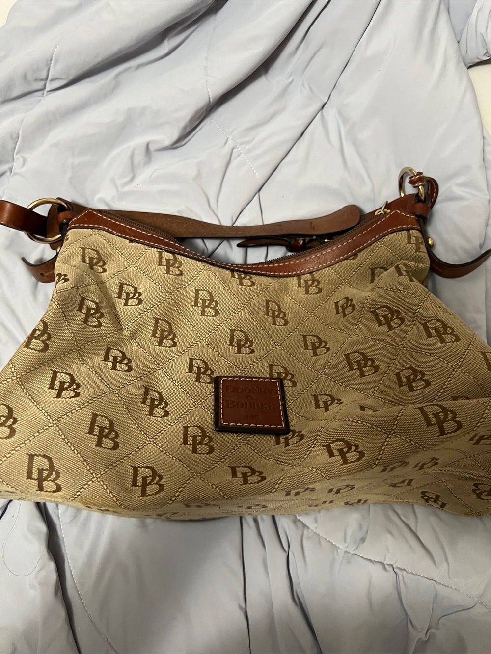 Dooney & Bourke Tan Monogram Quilted Shoulder Bag with Brown Trim